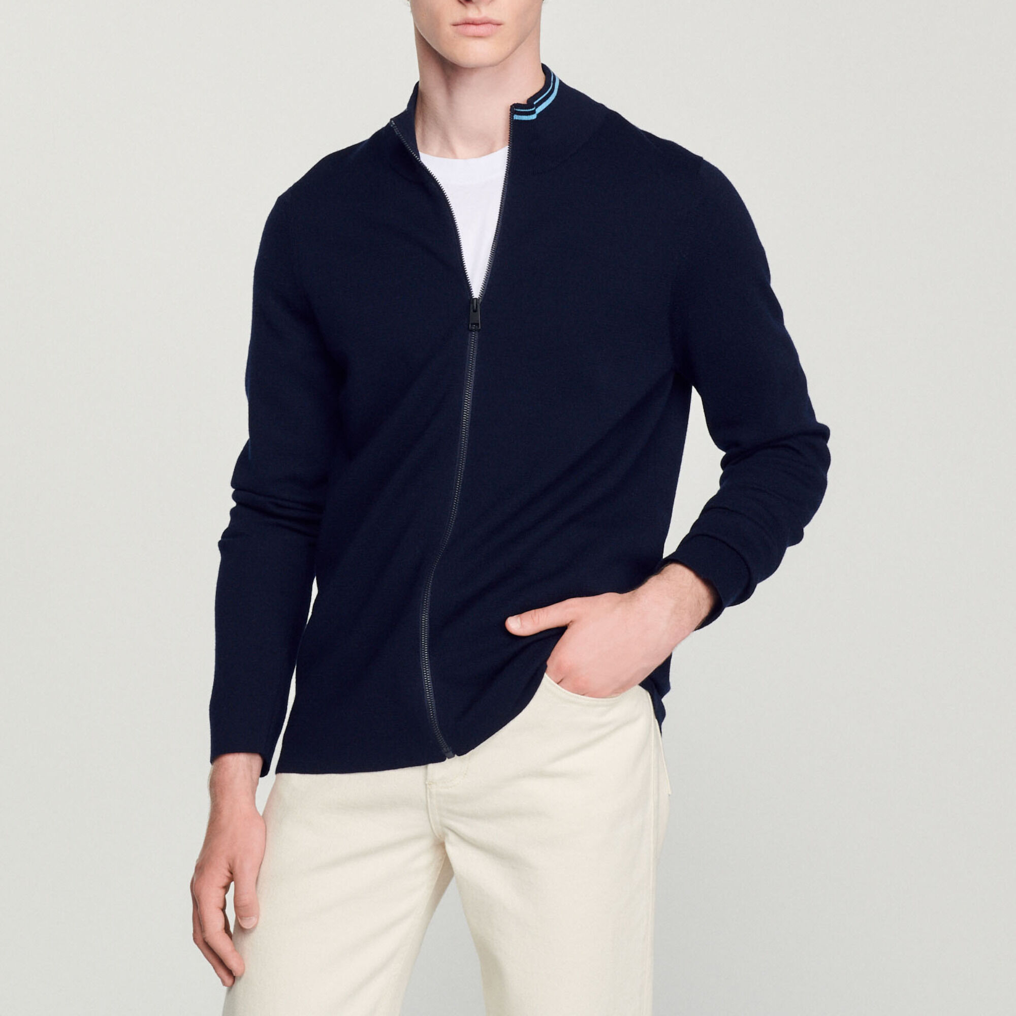 Cardigan con zip e collo a righe