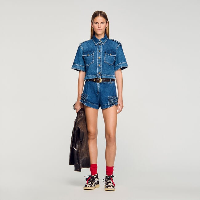 Shorts in denim con volant