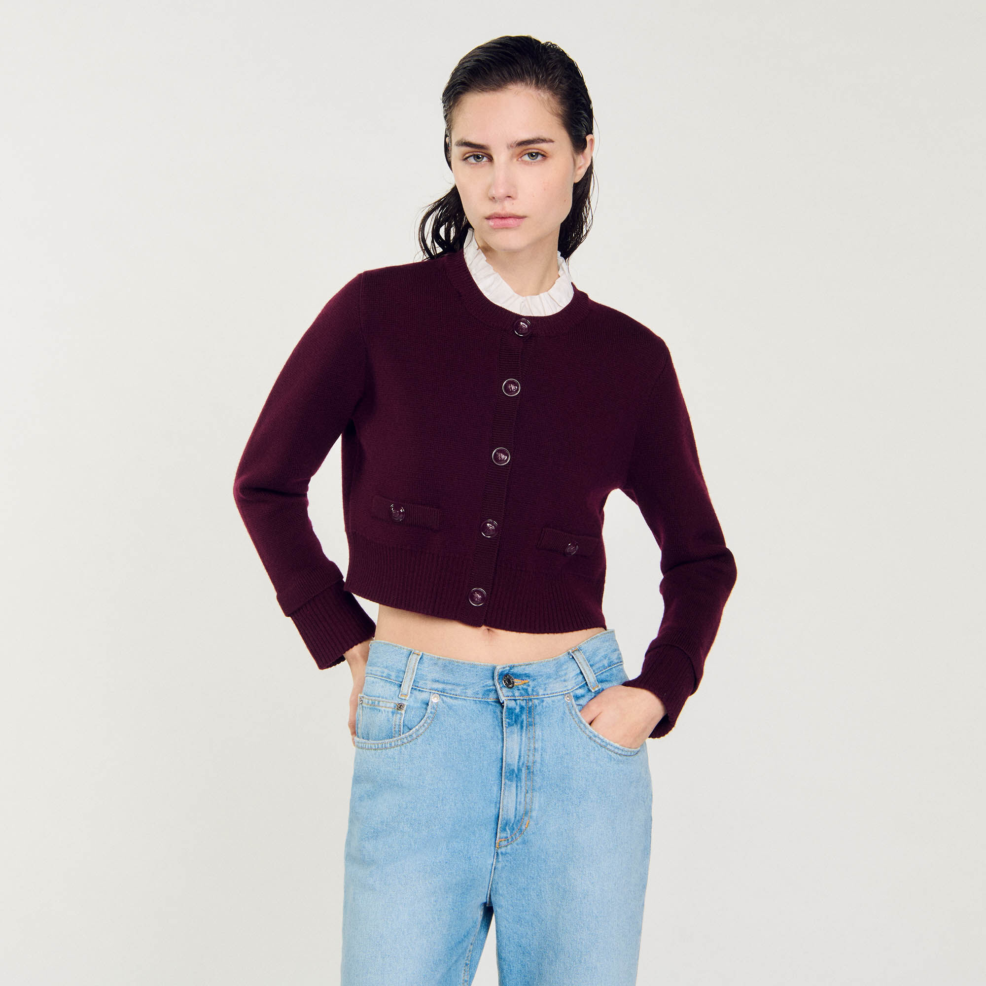 Cardigan in maglia con collo arricciato
