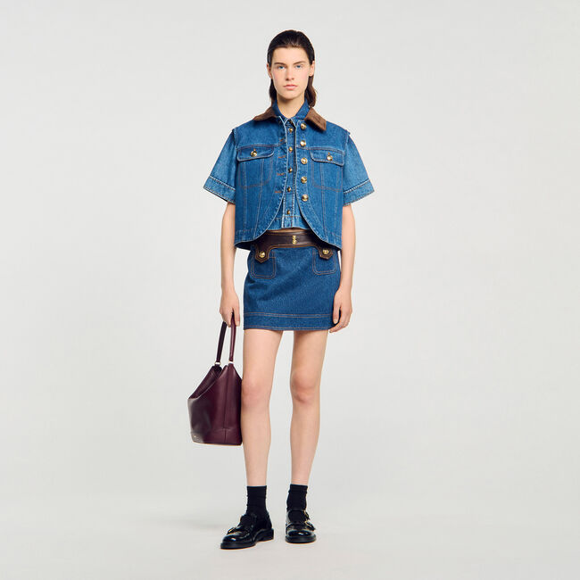 Gonna corta in denim e pelle