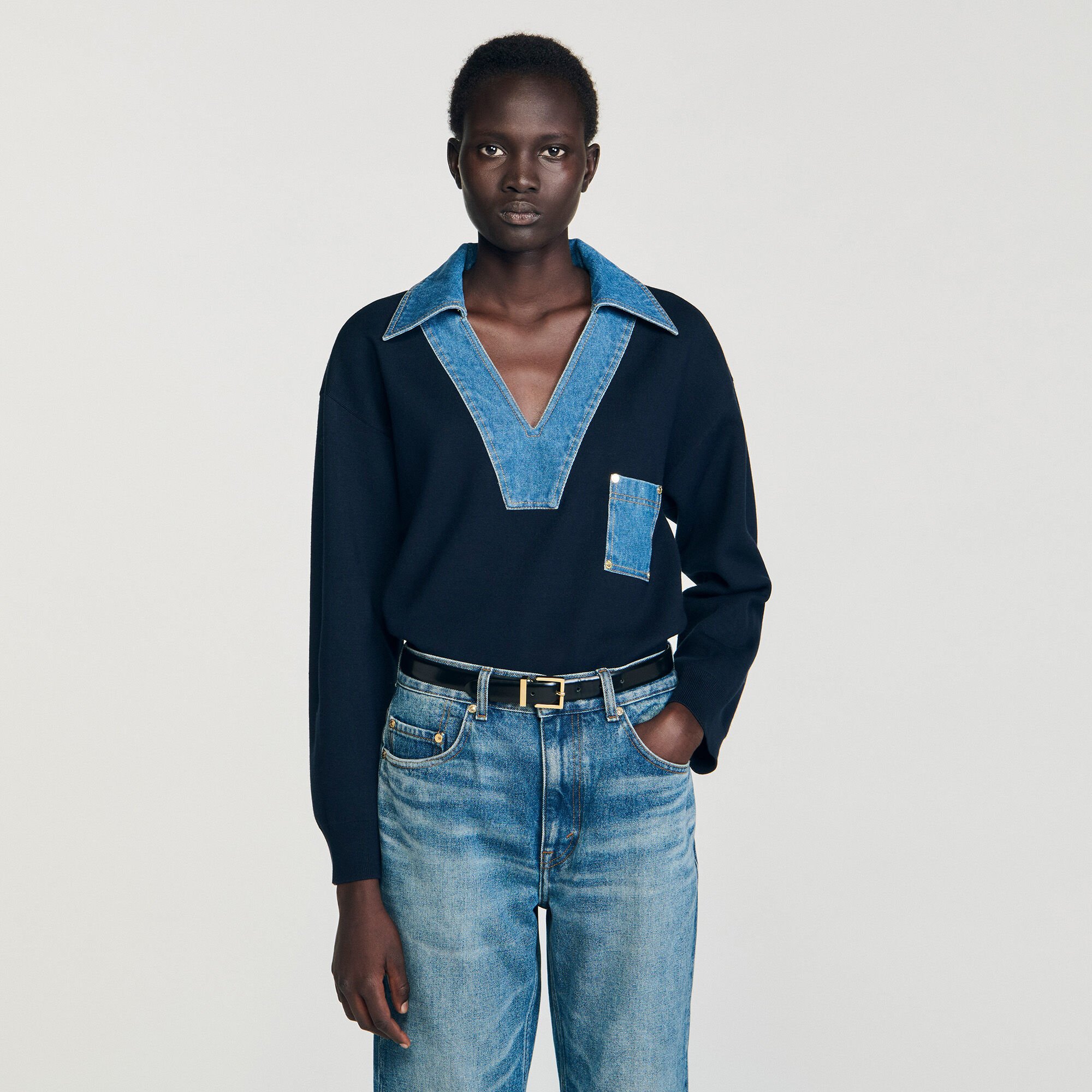 Maglione con dettagli in denim