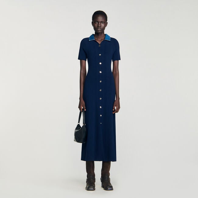 Abito lungo maglia colletto denim