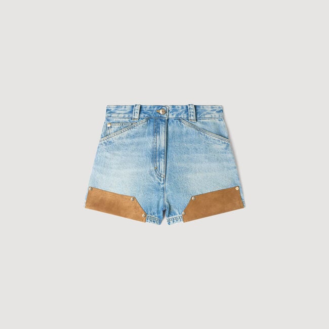 Shorts in denim e suede con borchie