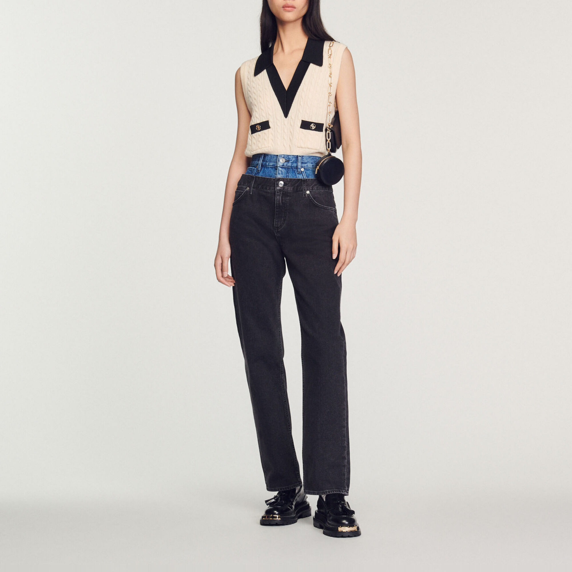 Jeans a doppia cintura bicolore