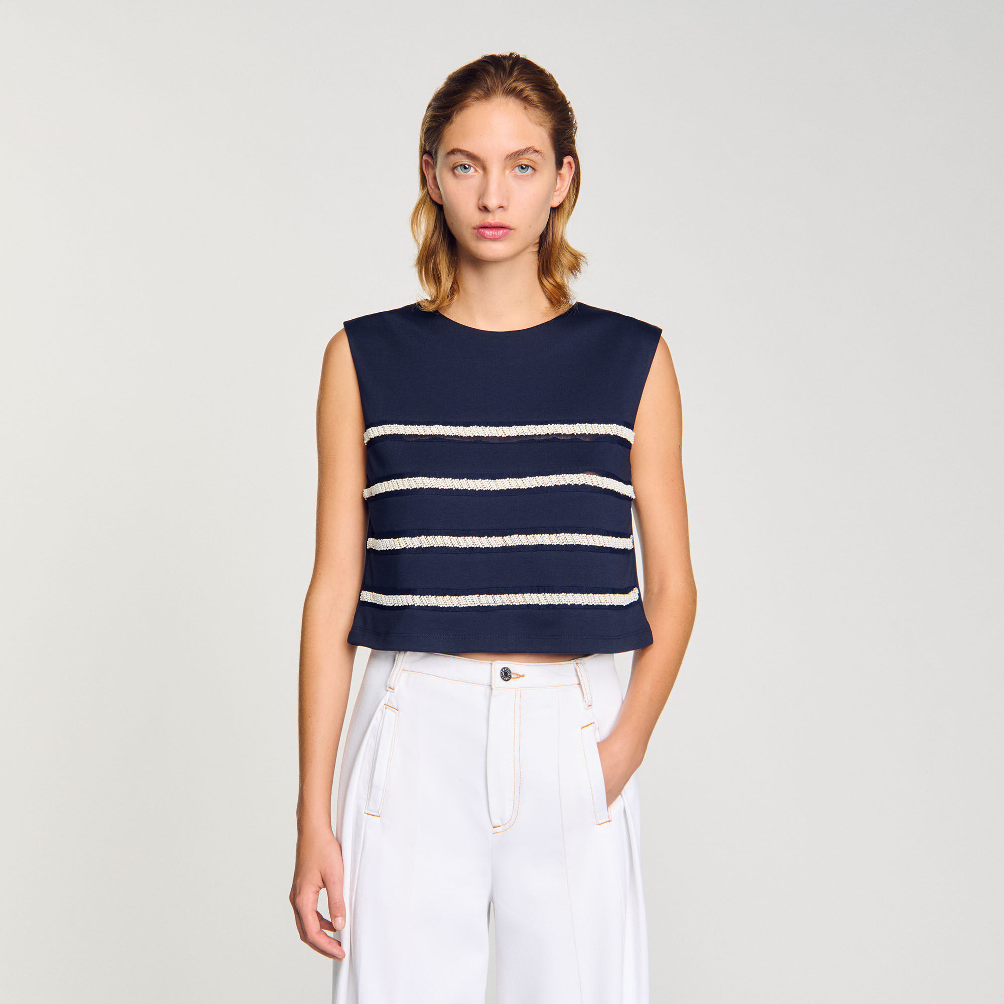 T-shirt a righe senza maniche