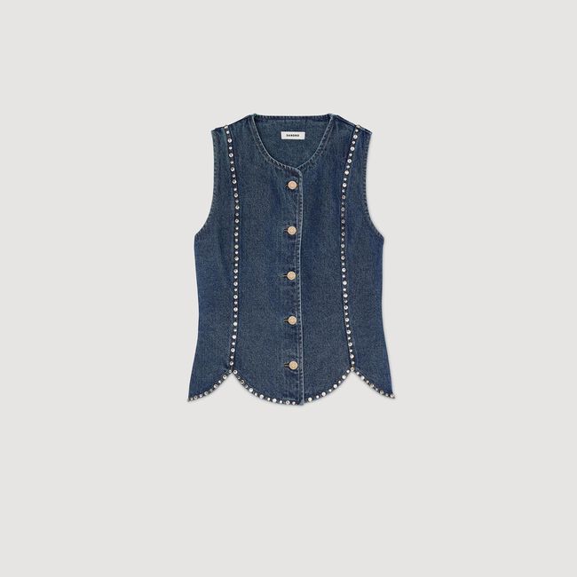 Top in denim decorato con strass