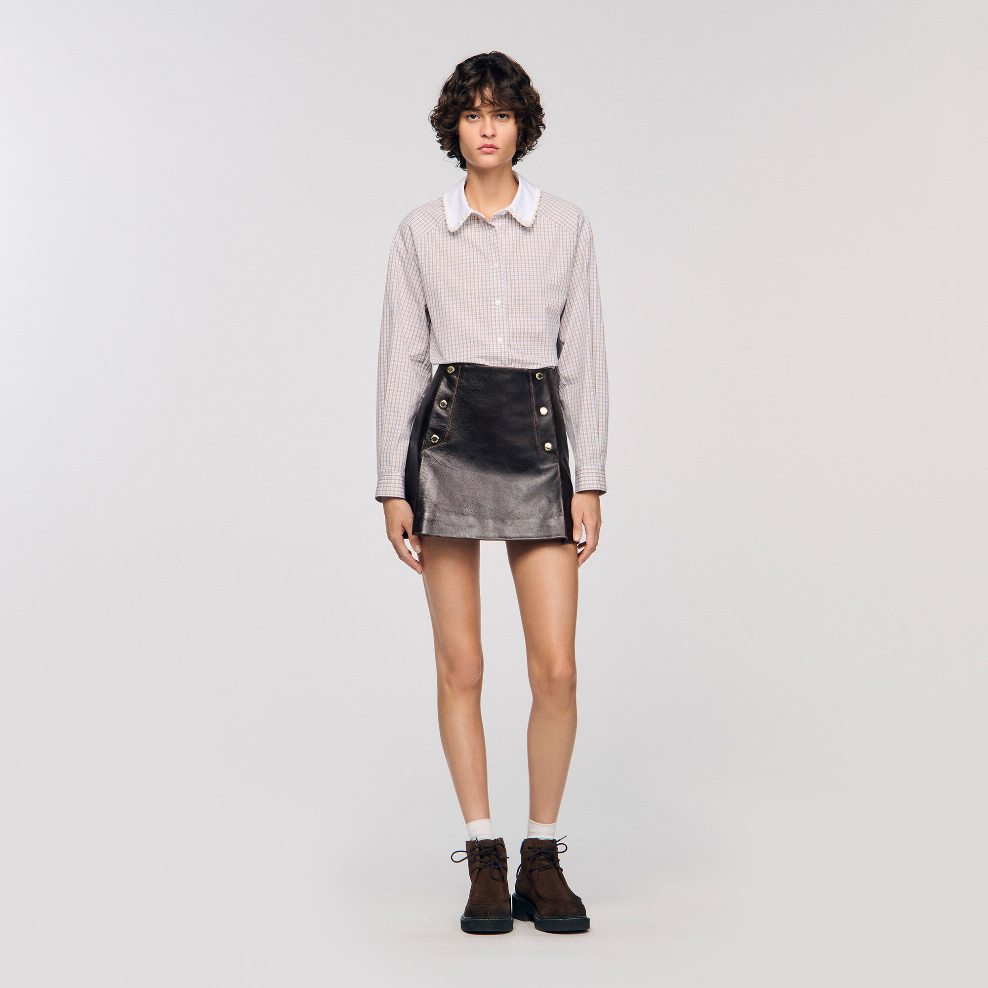 Camicia a quadri con colletto perle