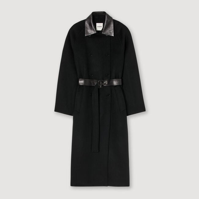 Cappotto lungo in lana e pelle