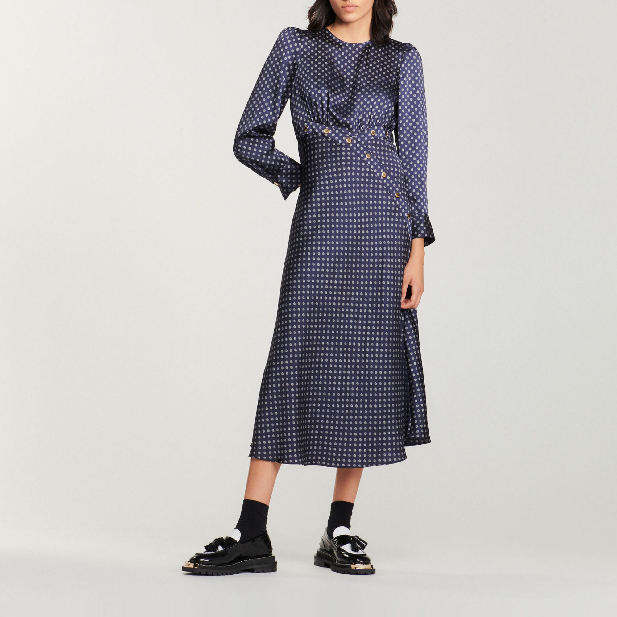 Robe longue fluide imprim petits pois SFPRO02630 Bleu marine