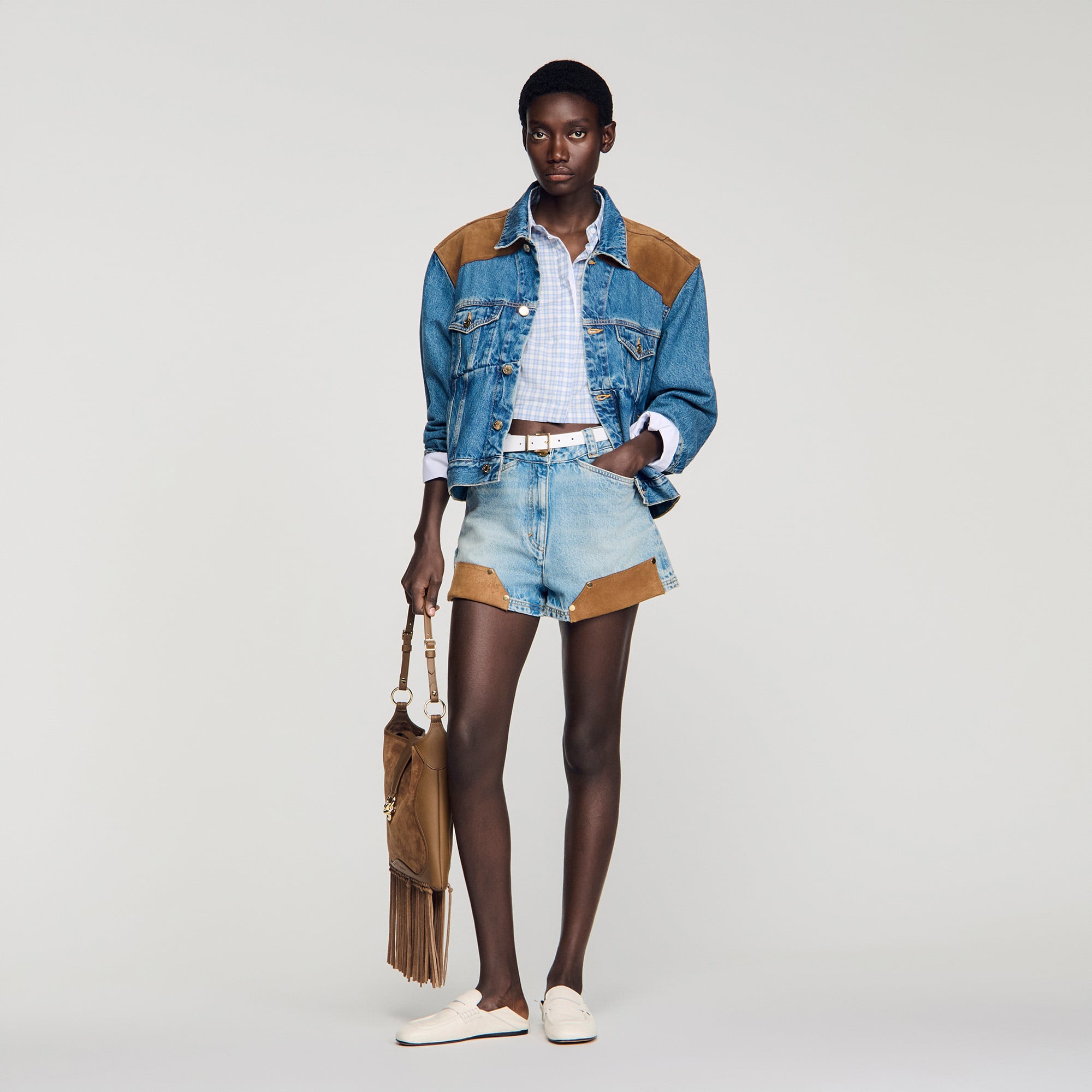 パンツ theredthread S garter denim shorts Shorts in denim e suede con rivetti da donna | Sandro Paris